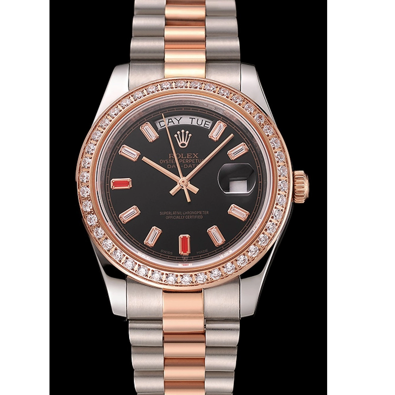 Aaa replica watch Rubies Rose Steel And Rolex Bracelet Dial 1454106 Black Diamonds Day-Date And Swiss Gold Staineless 0820